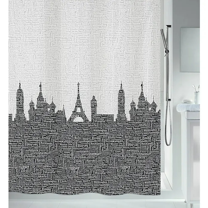 Spirella Cortina de baño Urban - An x Al: 180 x 200 cm, Blanco/Negro - Cortina de ducha con diseño de ciudades del mundo.