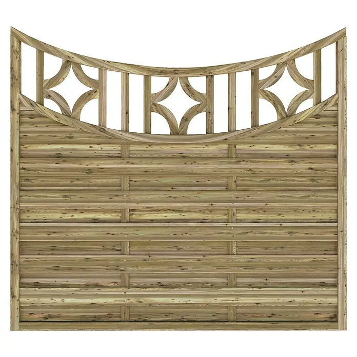 T & J Sichtschutzelement Olymp - B x H: 180 x 160 cm, Braun - Ein Gartenzaun-Element aus Holz mit dekorativem, bogenförmigem Abschluss und Lattenstruktur, die Privatsphäre bietet und gleichzeitig stilvoll ist.