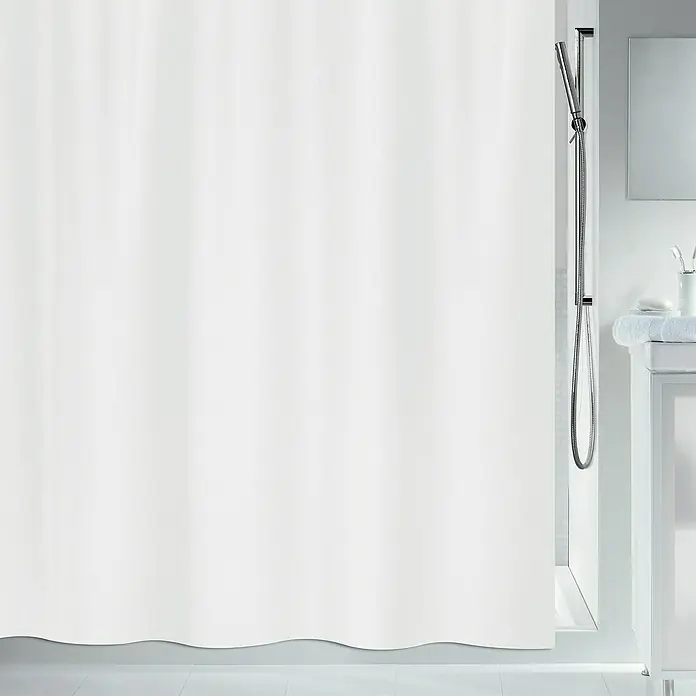 Spirella Cortina de baño Primo - An x Al: 120 x 200 cm, Blanco - Imagen de una cortina de ducha blanca, que oculta un baño con ducha y lavabo.