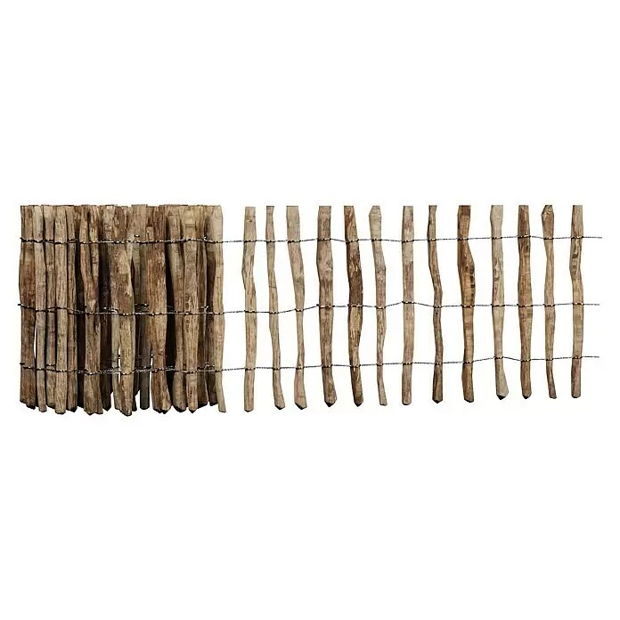T & J Staketenzaun Rollo 4 cm - B x H: 1.000 x 60 cm, Holz - Brauner Sichtschutz aus Holzstäben, verbunden mit Metallketten.