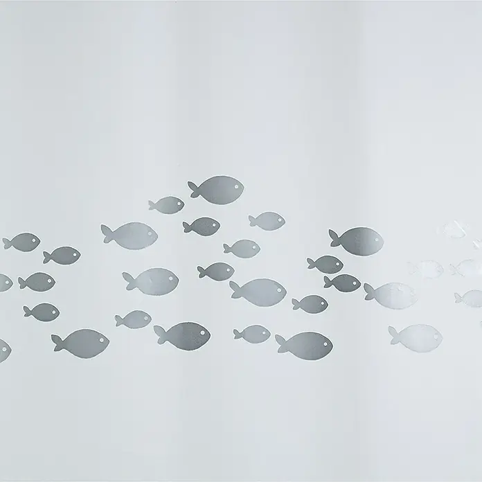Spirella Cortina de baño Shore - An x Al: 180 x 200 cm, Plástico, Blanco/Gris - Un tejido blanco presenta un patrón de peces grises de diferentes tamaños, dispuestos para crear un ambiente náutico sutil y añadir un toque marino.