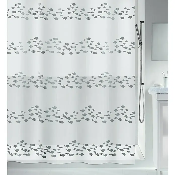 Spirella Cortina de baño Shore - An x Al: 180 x 200 cm, Plástico, Blanco/Gris - Una cortina de ducha blanca con un diseño de peces grises, ilumina el baño y proporciona privacidad. Un accesorio elegante con aire marino.