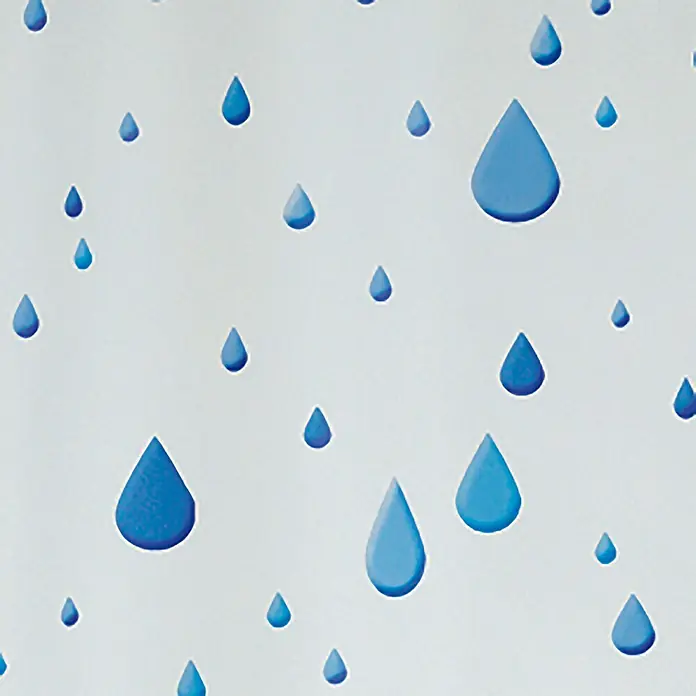 Spirella Cortina de baño Waterdrops - An x Al: 180 x 200 cm, Plástico, Azil/Blanco - Un fondo con un patrón sin costuras de gotas de lluvia azules estilizadas sobre un fondo claro, casi blanco, creando un efecto visual fresco y limpio.