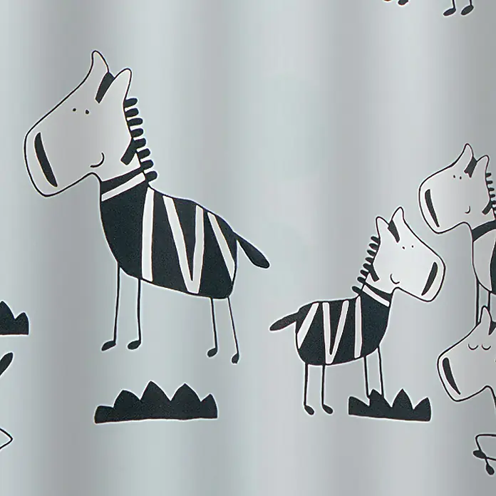 Spirella Cortina de baño Zebi - An x Al: 180 x 200 cm, Blanco/Negro - La imagen muestra un patrón con cebras estilizadas en blanco y negro, ideal para habitaciones infantiles o decoración lúdica.