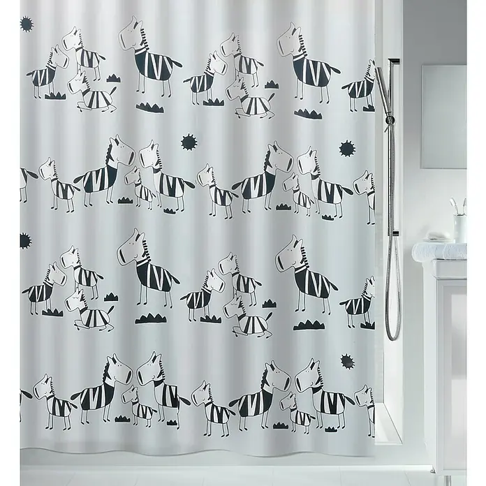 Spirella Cortina de baño Zebi - An x Al: 180 x 200 cm, Blanco/Negro - Una cortina de ducha con un estampado de cebra, ideal para cualquier baño que necesite un toque divertido.