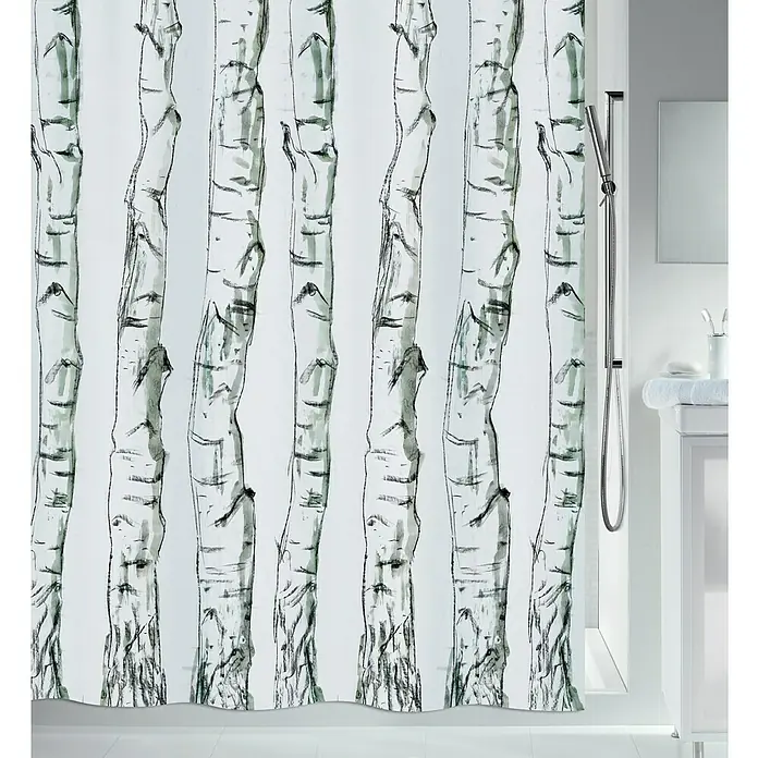Spirella Cortina de baño Wood - An x Al: 180 x 200 cm, Blanco/Negro - Cortina de ducha con diseño de abedules en un baño. La cortina le da un toque natural al espacio.