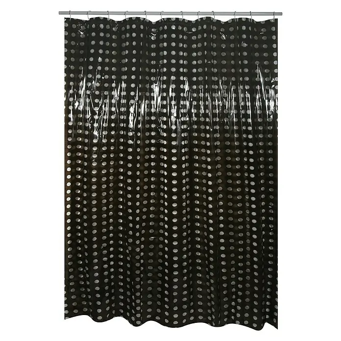Venus Cortina de baño PVC Bristol - An x Al: 180 x 200 cm, Plástico, Negro - Vista de una cortina de ducha transparente con puntos blancos, colgada de una barra plateada con ganchos plateados.