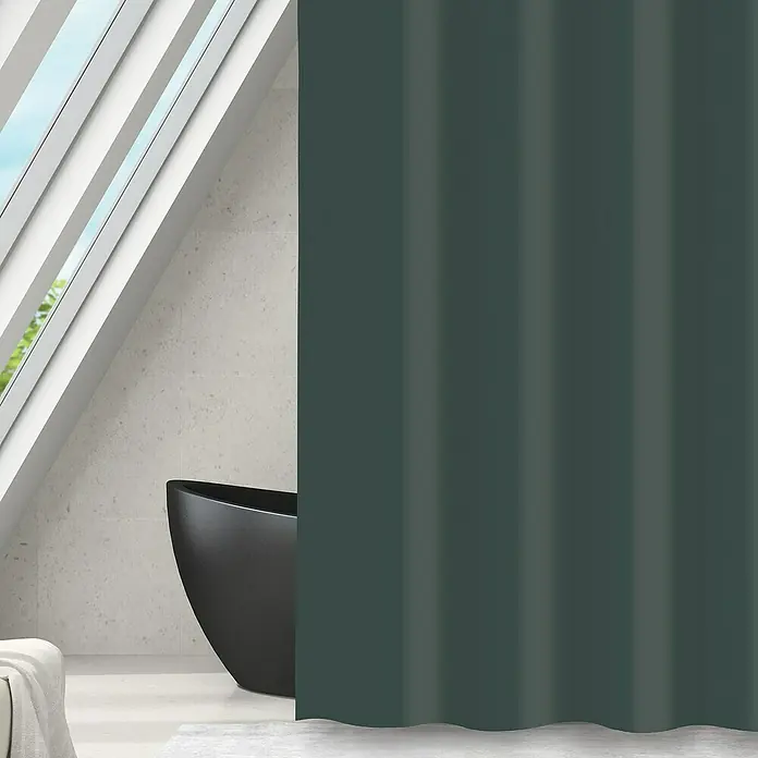 MSV Cortina de baño Romana - An x Al: 180 x 180 cm, Plástico, Verde oscuro - Elegante vista del baño con una cortina de ducha oscura que combina elegancia y privacidad en un espacio moderno.