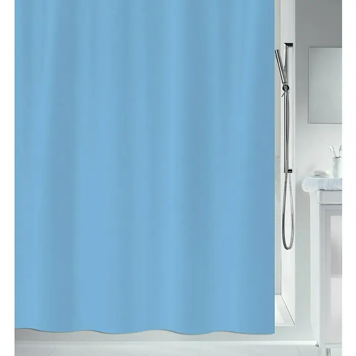 Spirella Cortina de baño Primo - An x Al: 180 x 200 cm, Azul cielo - Cortina de ducha azul claro que oculta parcialmente una cabina de ducha con accesorios y lavabo, dando privacidad.
