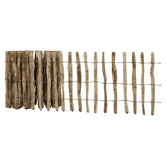 T & J Staketen Rollzaun Rollo 4 cm - B x H: 1.000 x 60 cm, Holz - Dieses Bild zeigt einen Holzzaun mit unregelmäßigen Latten, die mit Draht zusammengehalten werden, vor einem schwarzen Hintergrund.