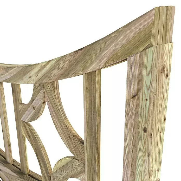 T & J Sichtschutzelement Olymp - B x H: 180 x 160 cm, Braun - Detail einer hellen Holzgartenbank-Rückenlehne mit geschnitztem, geschwungenem Design.