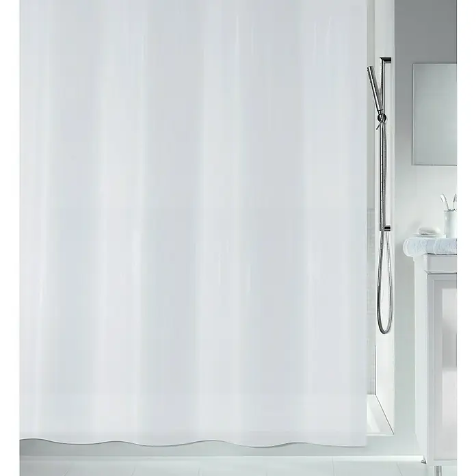 Spirella Cortina de baño Bio - An x Al: 180 x 200 cm, Plástico, Blanco - Una cortina de ducha blanca cuelga en un baño moderno, proporcionando privacidad y una estética limpia y minimalista.