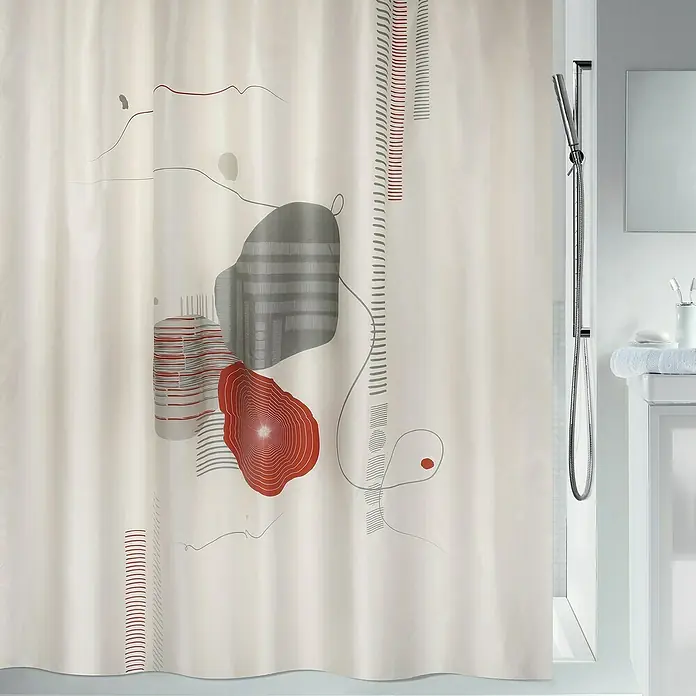 Spirella Cortina de baño Teïva - An x Al: 180 x 200 cm, Multicolor - Cortina de ducha con un moderno diseño abstracto en tonos de rojo, gris y beige, creando un ambiente de baño elegante.