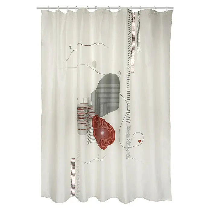 Spirella Cortina de baño Teïva - An x Al: 180 x 200 cm, Multicolor - Cortina de ducha con diseño moderno y abstracto en tonos grises y rojos. Un accesorio de baño elegante para espacios contemporáneos.