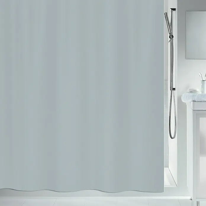 Spirella Cortina de baño Primo - An x Al: 180 x 200 cm, Gris Manhattan - Una cortina de ducha gris lisa cubre parte del baño, ofreciendo privacidad y una estética limpia y sencilla.