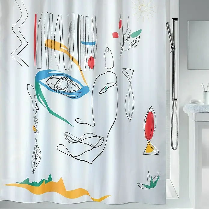 Spirella Cortina de baño Faces - An x Al: 180 x 200 cm, Multicolor - Esta cortina de ducha con diseño abstracto de cara añade un toque artístico a tu baño. Un acento decorativo para cualquier espacio de baño.