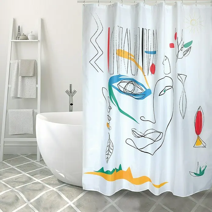 Spirella Cortina de baño Faces - An x Al: 180 x 200 cm, Multicolor - Cortina de ducha con líneas abstractas y toques de color, complementando un diseño de baño moderno. Pieza destacada en el baño.