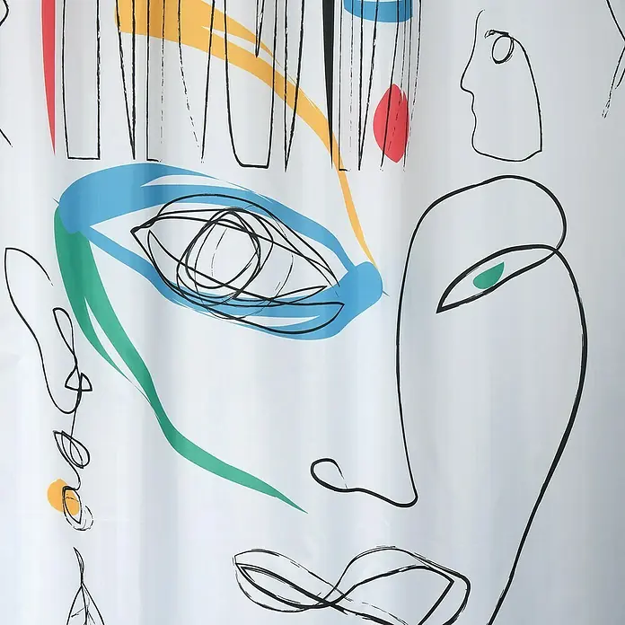 Spirella Cortina de baño Faces - An x Al: 180 x 200 cm, Multicolor - Arte abstracto: Un rostro expresivo con elementos coloridos y líneas dinámicas, perfecto como arte mural o decoración.