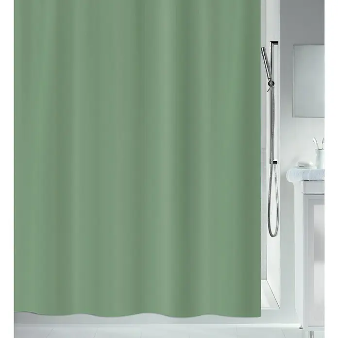 Spirella Cortina de baño Bio - An x Al: 180 x 180 cm, Plástico, Verde albahaca - Una cortina de ducha de tela verde cuelga en un baño, ofreciendo privacidad durante la ducha.