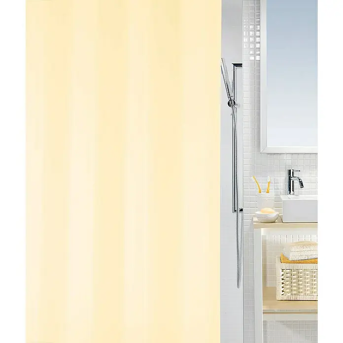 Spirella Cortina de baño Bio - An x Al: 180 x 180 cm, Plástico, Arena - Cuarto de baño luminoso con ducha y tocador con toallas y artículos de aseo. La ducha tiene un diseño moderno.