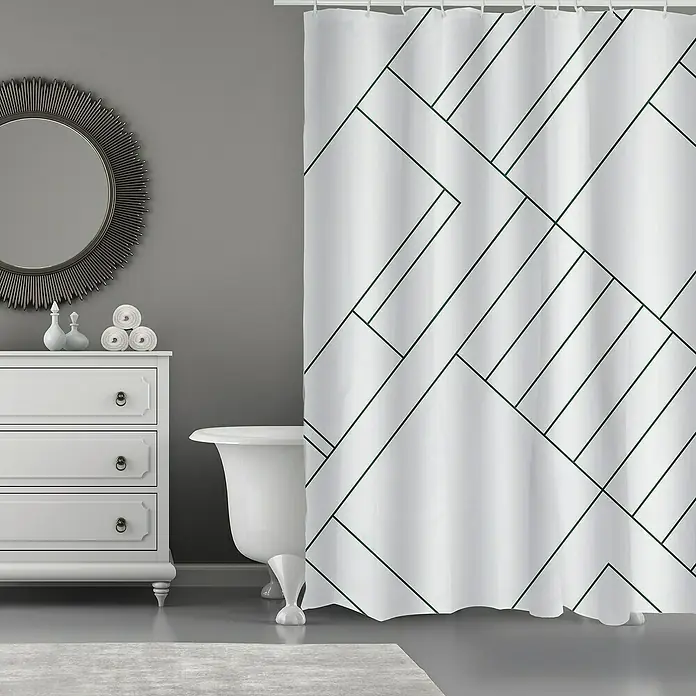Venus Cortina de baño Monolithic - An x Al: 180 x 200 cm, Plástico, Blanco/Negro - Un baño con un tocador blanco, una bañera y una cortina de ducha con un estampado geométrico.