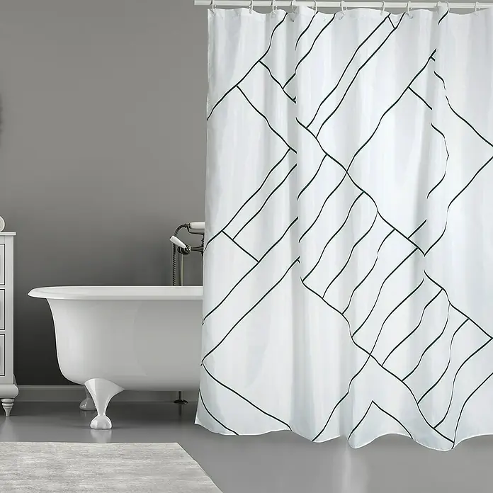 Venus Cortina de baño Monolithic - An x Al: 180 x 200 cm, Plástico, Blanco/Negro - Elegante decoración de baño con una cortina de ducha blanca de diseño geométrico moderno, que protege con estilo la bañera.