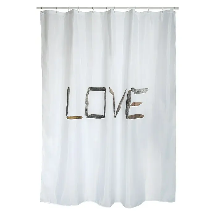 Venus Cortina de baño Love - An x Al: 180 x 200 cm, Plástico, Blanco - Cortina de ducha decorativa con la palabra "LOVE" escrita en madera flotante, que añade un toque de elegancia natural a tu baño.