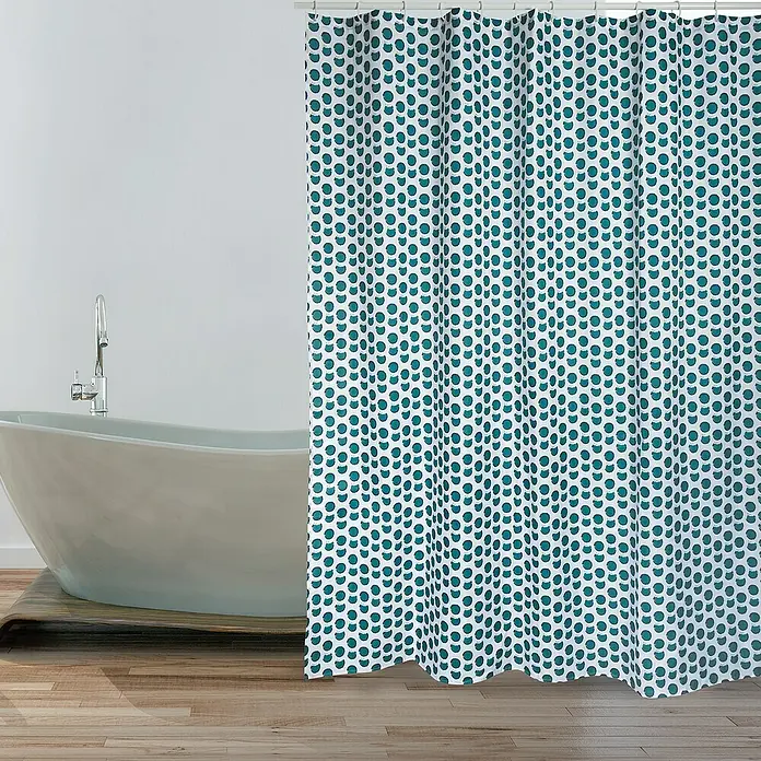 Spirella Cortina de baño Deep Forest - An x Al: 180 x 200 cm, Azul/Verde - Una cortina de ducha con puntos semicirculares color verde azulado con una bañera moderna para la decoración del baño.