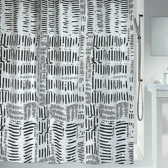 Spirella Cortina de baño Connection - An x Al: 180 x 200 cm, Blanco/Negro - Una cortina de ducha moderna con un diseño abstracto en blanco y negro, que añade un toque de estilo a cualquier baño.