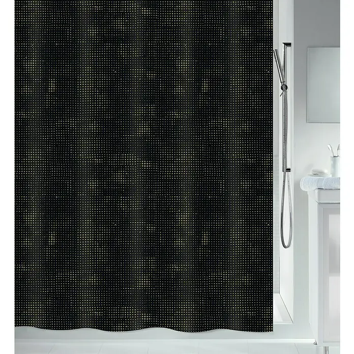 Spirella Cortina de baño Georges - An x Al: 180 x 200 cm, Negro/Dorado - Cortina de ducha con fondo negro y patrón de puntos en un baño con decoración blanca.
