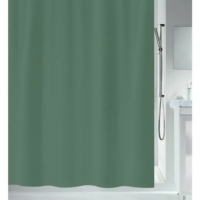 Spirella Cortina de baño Primo - An x Al: 180 x 200 cm, Verde oscuro - Una cortina de ducha verde cuelga en el baño, proporcionando privacidad y protección contra salpicaduras durante la ducha. El color añade un toque natural a la estancia.