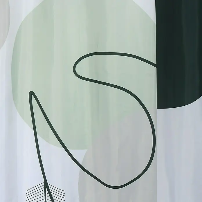 Venus Cortina de baño Minimalista - An x Al: 180 x 200 cm, Plástico - Primer plano de una cortina de ducha con formas abstractas y líneas en tonos de verde, gris y negro sobre fondo blanco.