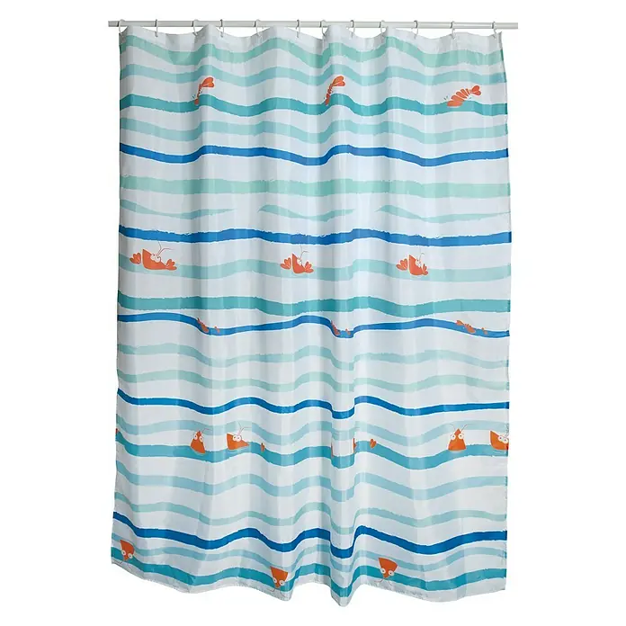 Venus Cortina de baño Deep Ocean - An x Al: 180 x 200 cm, Plástico, Azul/Naranja - Una cortina de ducha con rayas azul-verdes y motivos de langosta, que añade un toque náutico al baño. La cortina cuelga de una barra con ganchos.