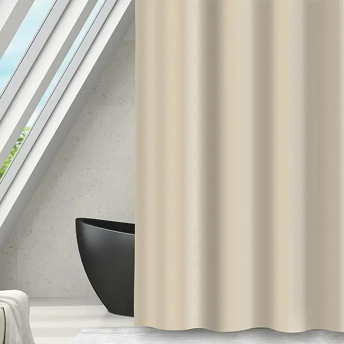 Venus Cortina de baño - An x Al: 180 x 200 cm, Plástico, Beige - Visión de un área de baño moderna con una cortina de ducha color arena, una bañera negra elegante y una claraboya luminosa.