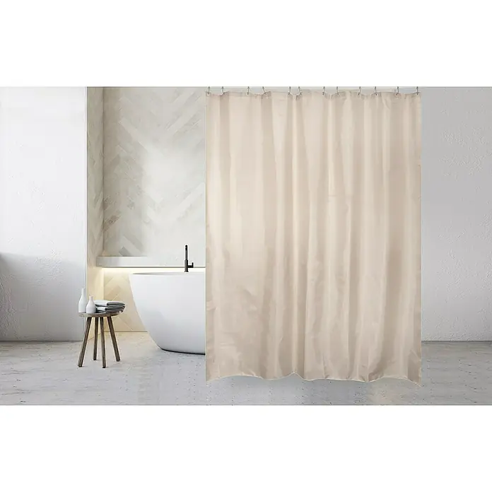 Venus Cortina de baño - An x Al: 180 x 200 cm, Plástico, Beige - Una cortina de ducha color crema cuelga de una barra, ocultando parcialmente una bañera y una pared del baño, ofreciendo privacidad y protección.