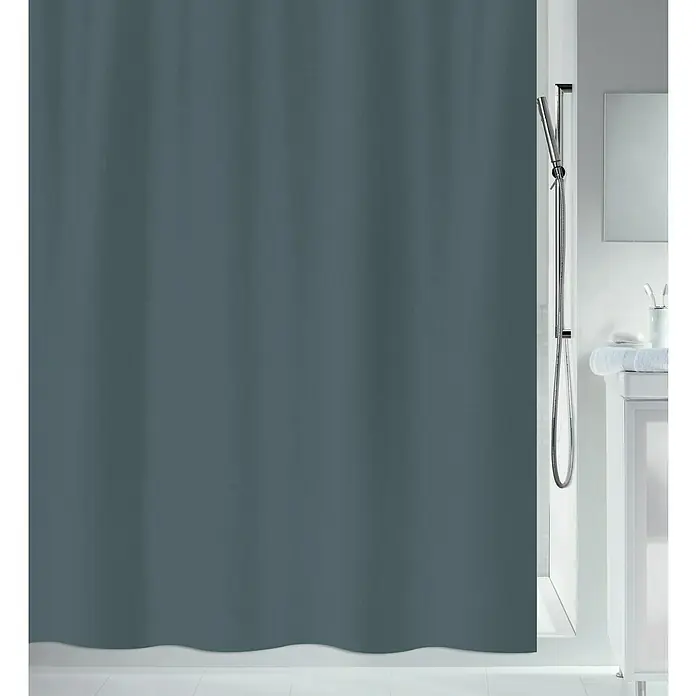 Spirella Cortina de baño Primo - An x Al: 180 x 200 cm, Antracita - Una cortina de ducha azul separa la zona de la ducha con el accesorio y el lavabo visibles al fondo.