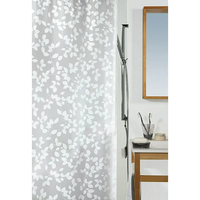 Spirella Cortina de baño Blatt - An x Al: 180 x 200 cm, Plástico, Blanco/Gris - Un baño con una cortina de ducha gris con un estampado de hojas blancas, complementado con un espejo y un tocador.