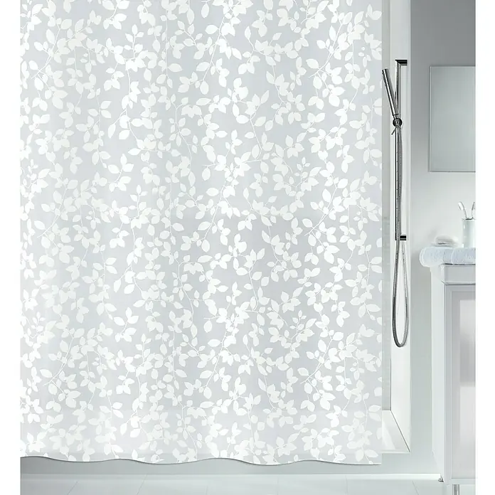 Spirella Cortina de baño Blatt - An x Al: 180 x 200 cm, Plástico, Blanco/Gris - Cortina de ducha gris con estampado de hojas blancas, aportando un toque de naturaleza al baño. Los colores sutiles crean un ambiente relajante.
