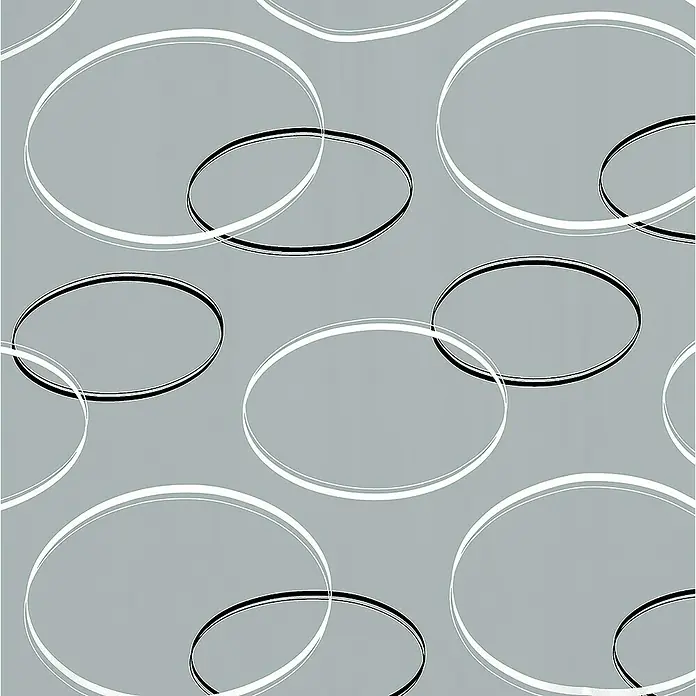 Spirella Cortina de baño Anello - An x Al: 180 x 200 cm, Gris - Patrón abstracto con círculos superpuestos en blanco y negro sobre un fondo gris, ideal para la decoración de paredes modernas.