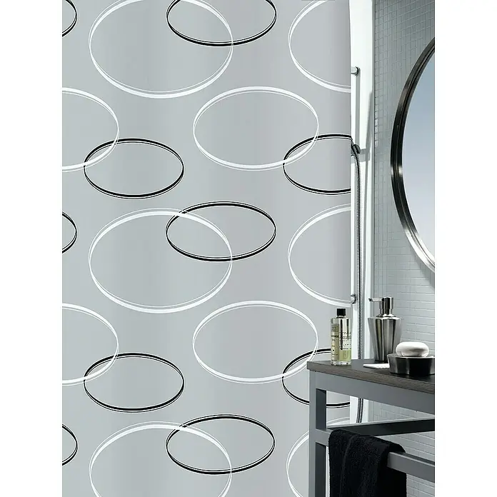 Spirella Cortina de baño Anello - An x Al: 180 x 200 cm, Gris - Interior de baño moderno con una elegante mampara de ducha con estampado de círculos, lavabo y espejo redondo.