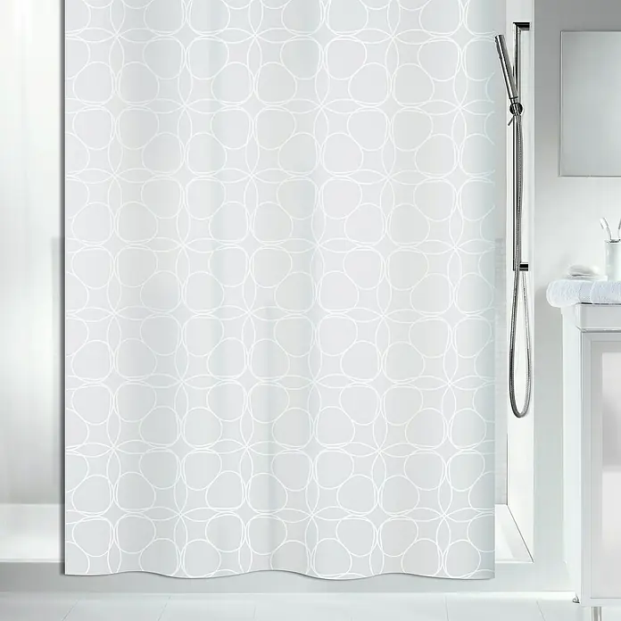 Spirella Cortina de baño Filigran - An x Al: 180 x 200 cm, Blanco - La imagen muestra una cortina de ducha blanca con un diseño abstracto y elegante, que realza el ambiente de un baño moderno.