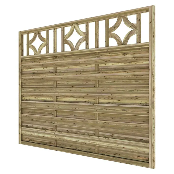 T & J Sichtschutzelement Olymp - B x H: 180 x 150 cm, Braun - Ansicht einer dekorativen Holzwand mit einem Rautenmuster auf der Oberseite, die eine stilvolle und robuste Ergänzung für jeden Garten darstellt.
