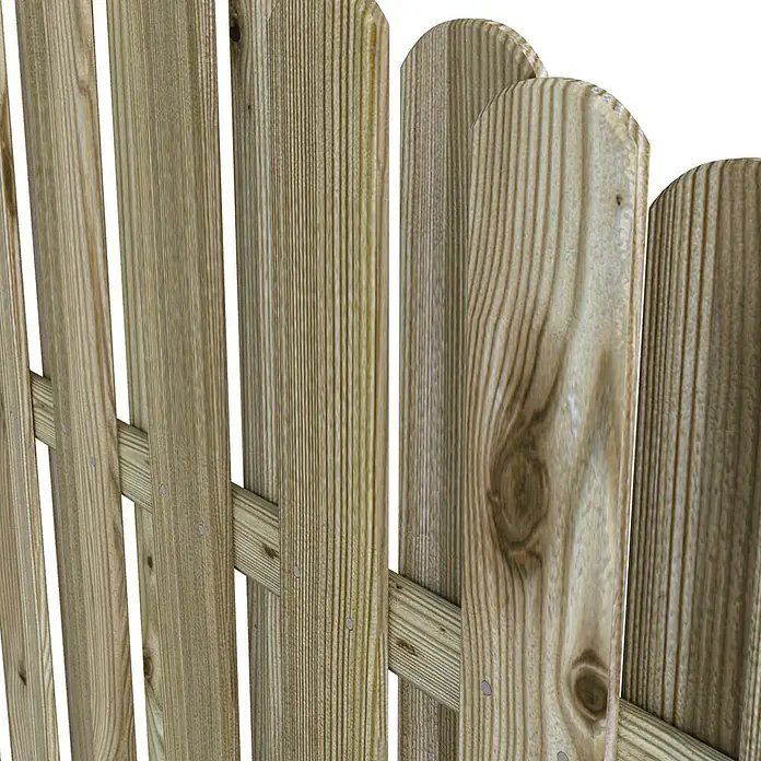 T & J Sichtschutzelement Lieke Bogen - B x H: 180 x 180 cm, Mit Bogen, Braun - Detailaufnahme eines Holzzauns mit abgerundeten Latten und natürlicher Holzstruktur. Ideal für Garten- und Grundstücksbegrenzungen.