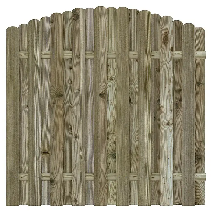 T & J Sichtschutzelement Lieke Bogen - B x H: 180 x 180 cm, Mit Bogen, Braun - Nahaufnahme eines gewölbten Holzzauns mit vertikalen Brettern und horizontalen Querstreben, die rustikale Eleganz und Privatsphäre vereinen.
