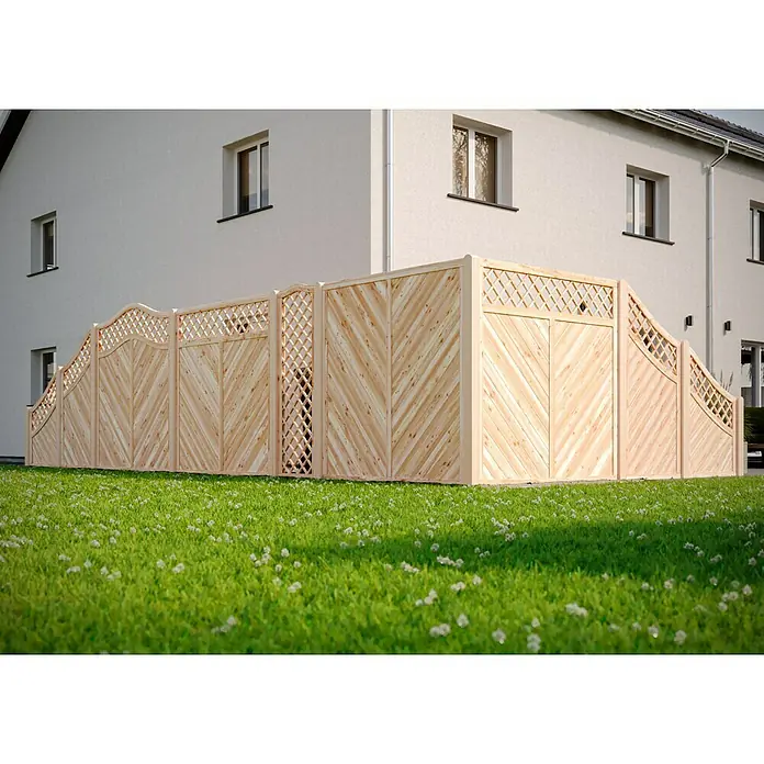 T & J Sichtschutzelement Classico Krone - 90 x 140/180 cm, Natur - Eine natürliche Holzzaun-Konstruktion, die sich durch ein elegantes Design mit Rautenmuster und Lattenstruktur auszeichnet. Sie bietet eine schöne Grundstücksbegrenzung.