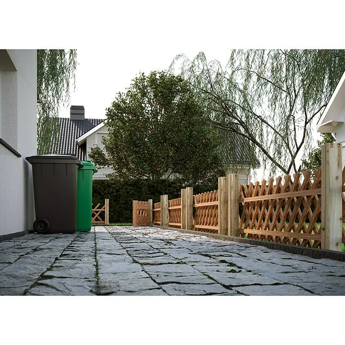 T & J Jägerzaun-Gartentor - 100 x 60 cm, Ohne Beschläge, Holz, Braun - Außenaufnahme von Mülltonnen neben einem Gebäude, die sich perfekt in jeden Garten einfügen.
