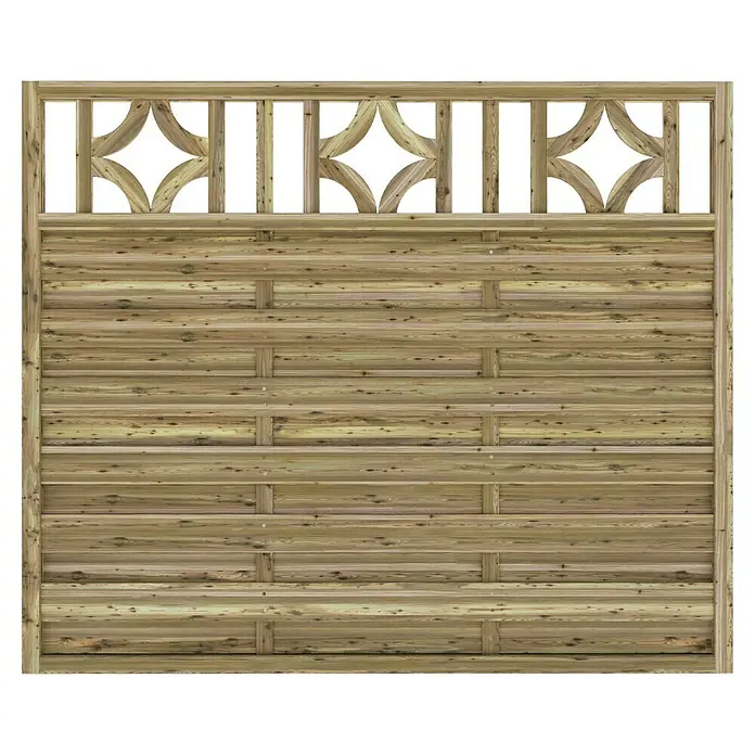 T & J Sichtschutzelement Olymp - B x H: 180 x 150 cm, Braun - Ein stilvoller Holzzaun mit dekorativen Ausschnitten im oberen Bereich, perfekt für die Gartengestaltung und Privatsphäre.