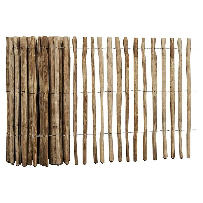 T & J Staketen Rollzaun Rollo 4 cm - B x H: 1.000 x 120 cm, Holz - Ein Holzzaun aus vertikal angeordneten Stäben, die durch horizontale Drähte verbunden sind, ideal zur Dekoration von Gärten.