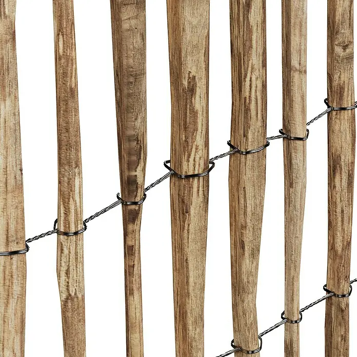 T & J Staketen Rollzaun Rollo 4 cm - B x H: 1.000 x 90 cm, Holz - Nahaufnahme eines dekorativen Holzzauns mit Drahtverbindungen, ideal für Garten und Terrasse, der Privatsphäre und natürliche Ästhetik vereint.