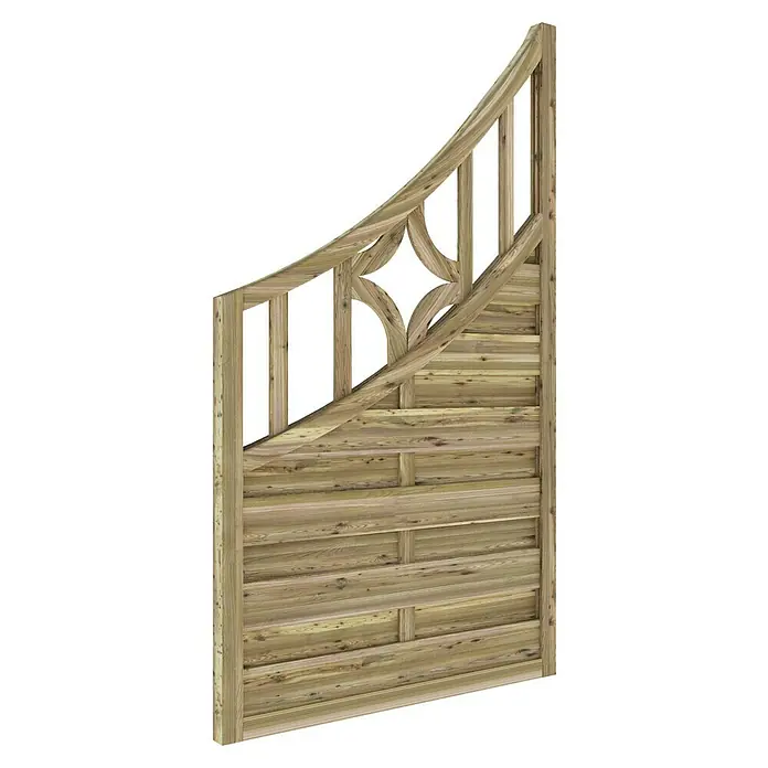 T & J Sichtschutzelement Olymp - 90 x 90/160 cm, Braun - Detailansicht eines Gartentors aus hellem Holz mit geschwungenem Oberteil und rautenförmigem Zierelement für den Außenbereich.